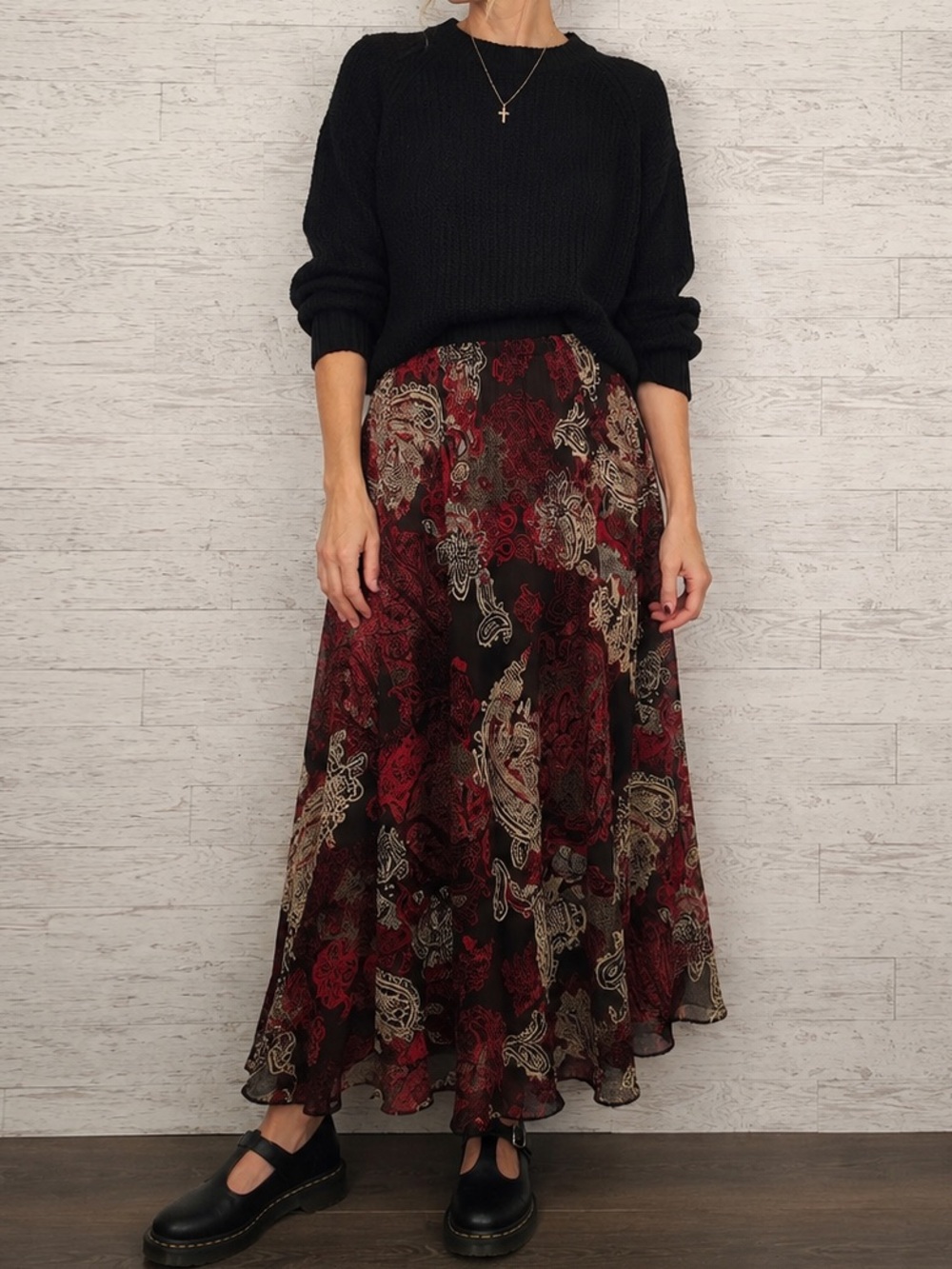 Briggs New York Paisley Maxi Skirt Size 10 Black Burgundy Red
